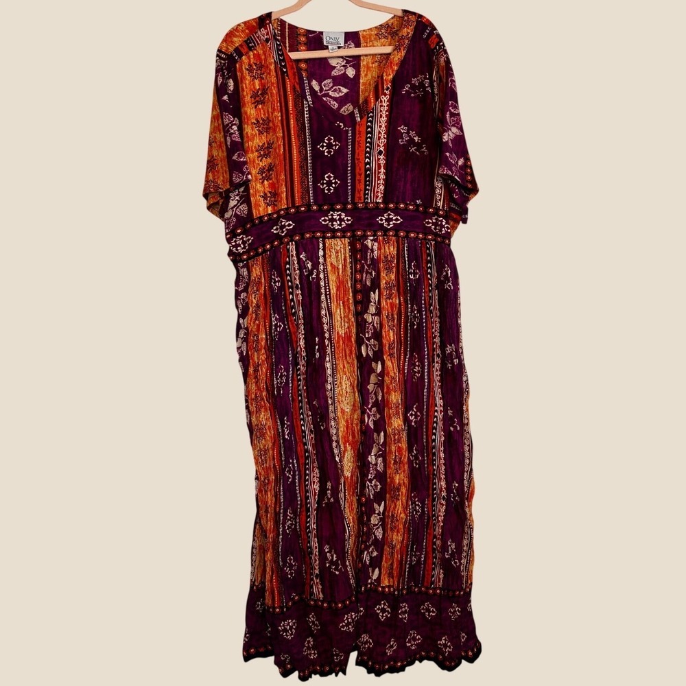 Woman's Bohemian Tribal Print Maxi Dress V-Neck Purple Orange Transitional 2X - Picture 2 of 3